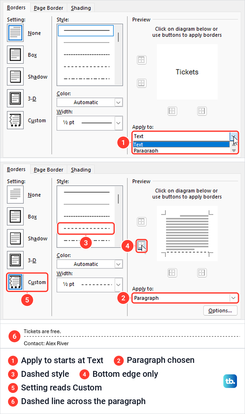 Two Word Borders and Shading dialogs showing Apply to Text, then a dashed bottom-only paragraph border.