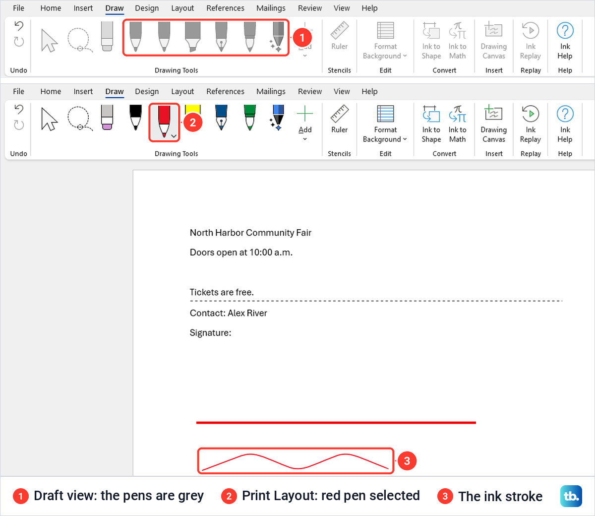 Word Draw tab with grey pens in Draft view, then a red pen and a wavy ink stroke in Print Layout.