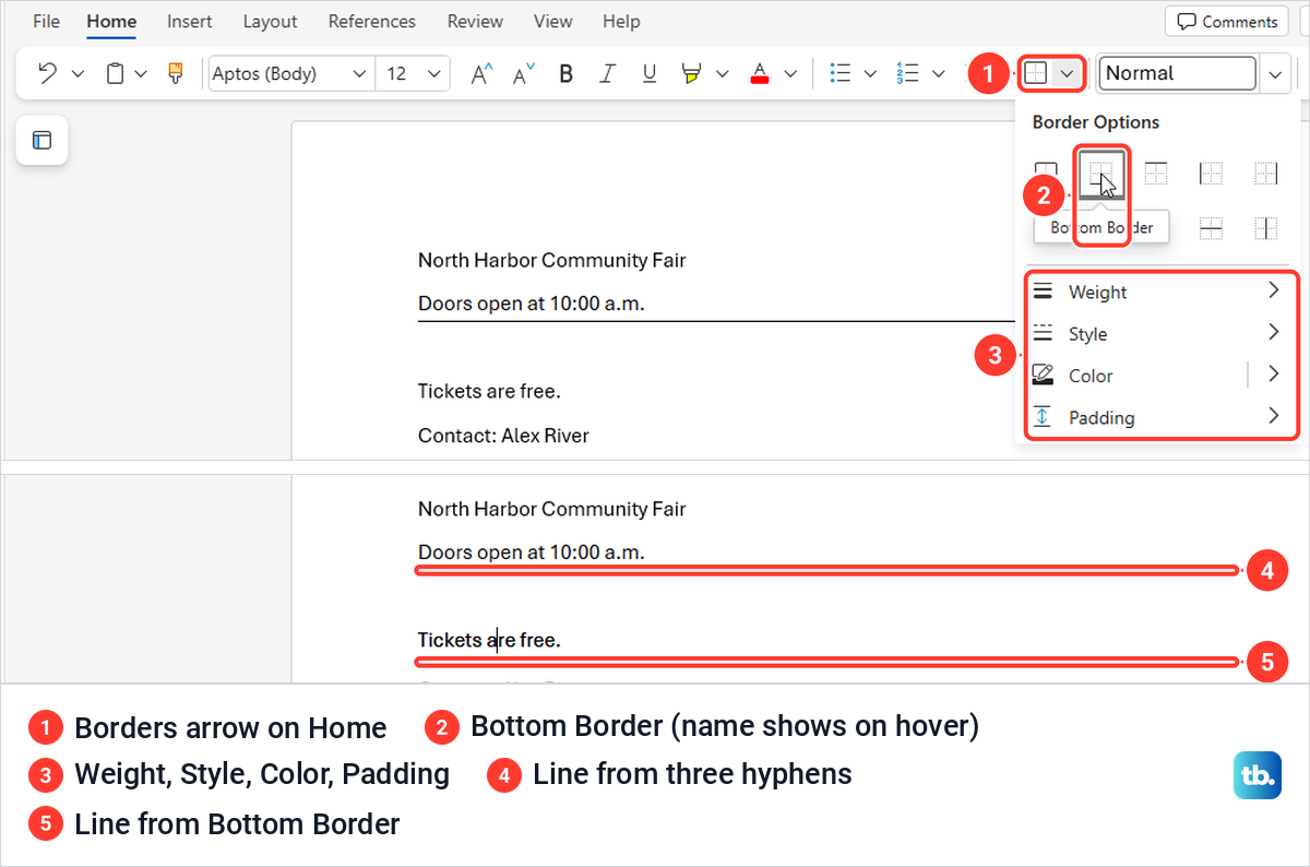 Word for the web Border Options panel with the Bottom Border tooltip, and two lines in the document.