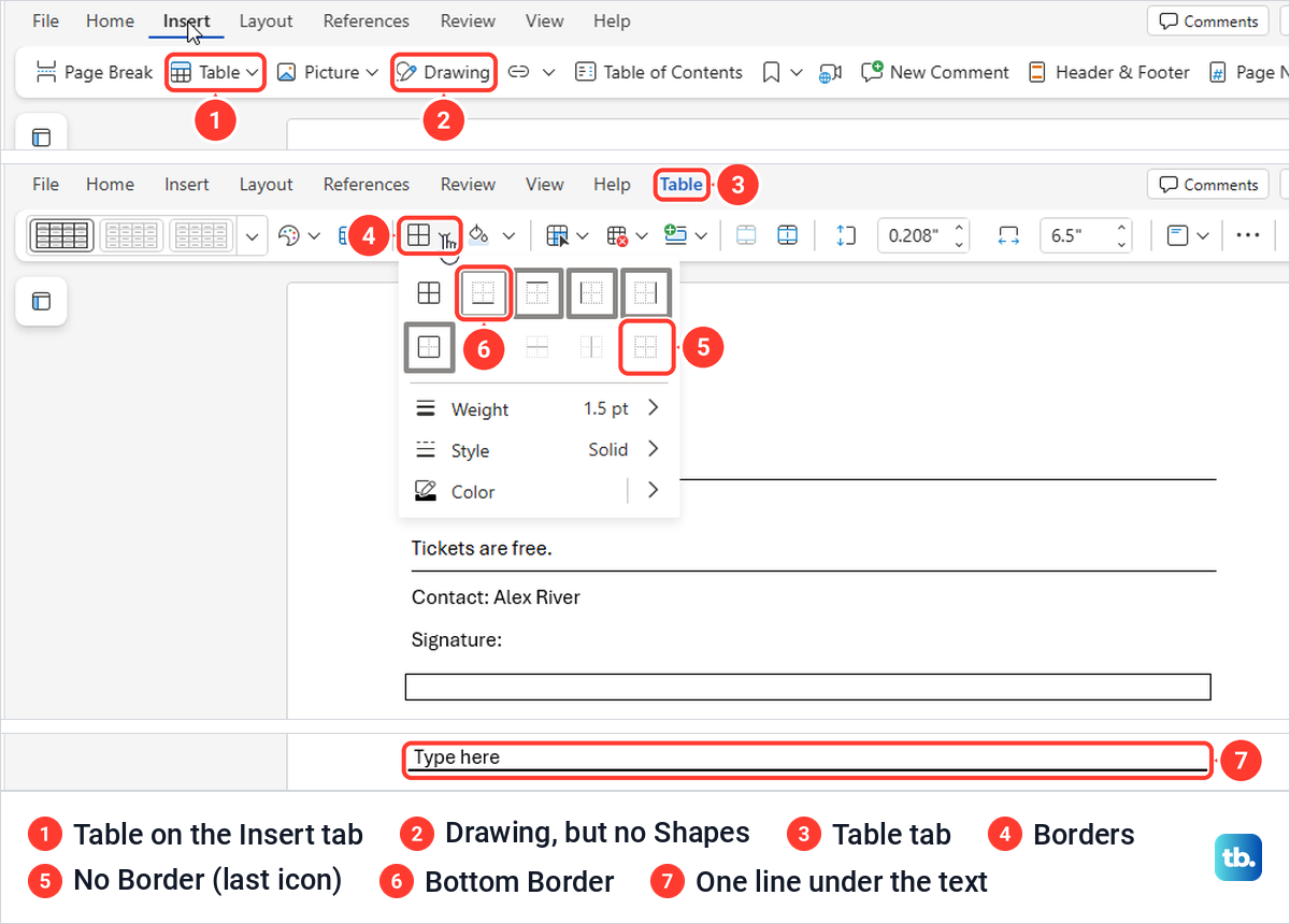 Word for the web Insert tab without Shapes, the Table tab border icons, and a one-cell table line.