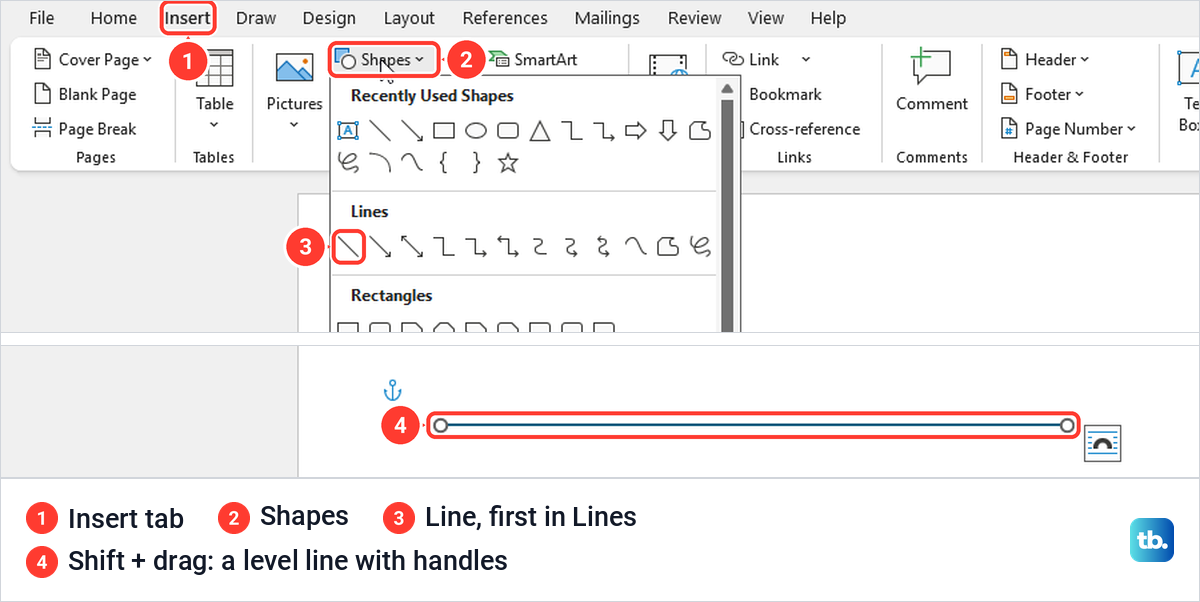 Word Insert tab with the Shapes gallery open at Lines, and a level line drawn on the page.