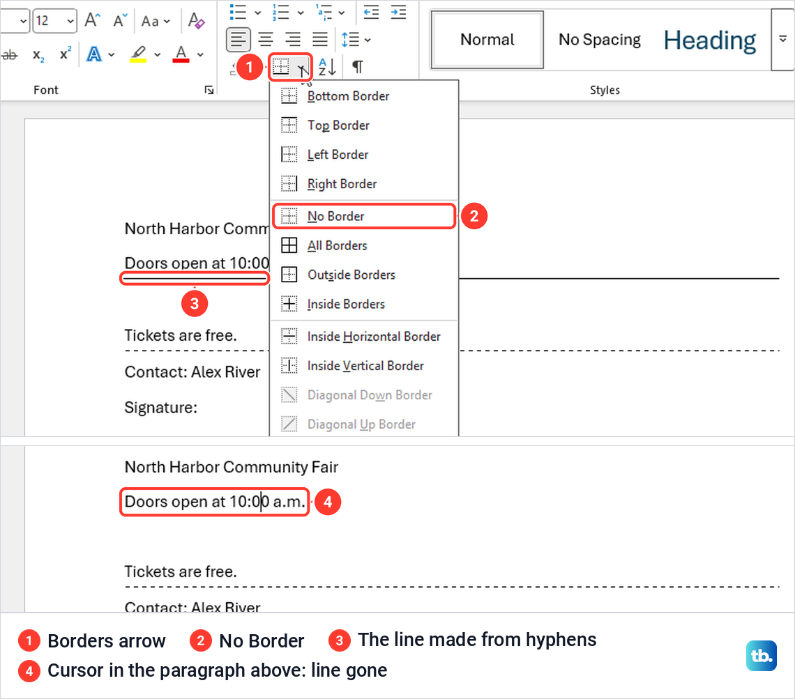 Word Borders menu with No Border highlighted, and the hyphen line gone from under the paragraph.
