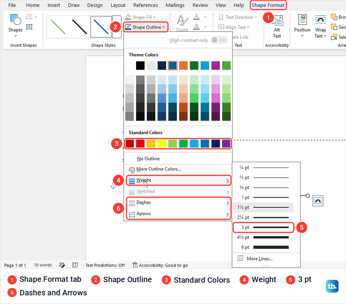 Word Shape Format tab with the Shape Outline menu and the Weight list open at 3 pt.