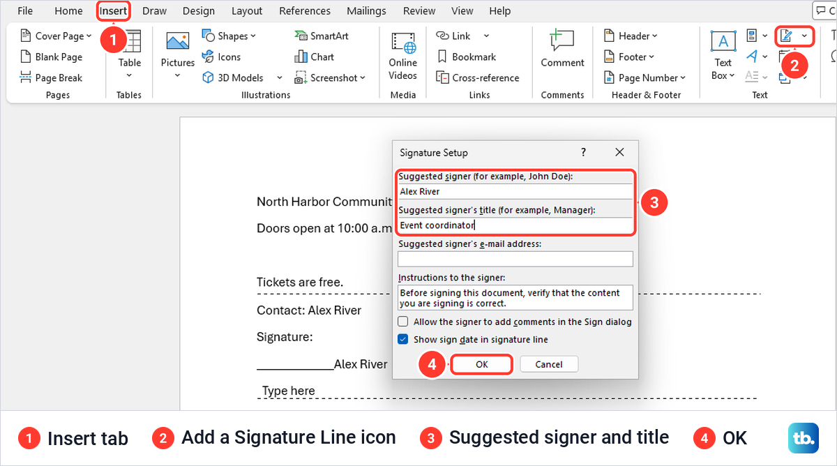 Word Insert tab with the Add a Signature Line icon and the Signature Setup dialog filled in.