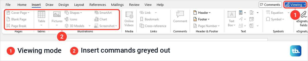 Word Insert tab with most commands greyed out while the mode button at the top right reads Viewing.