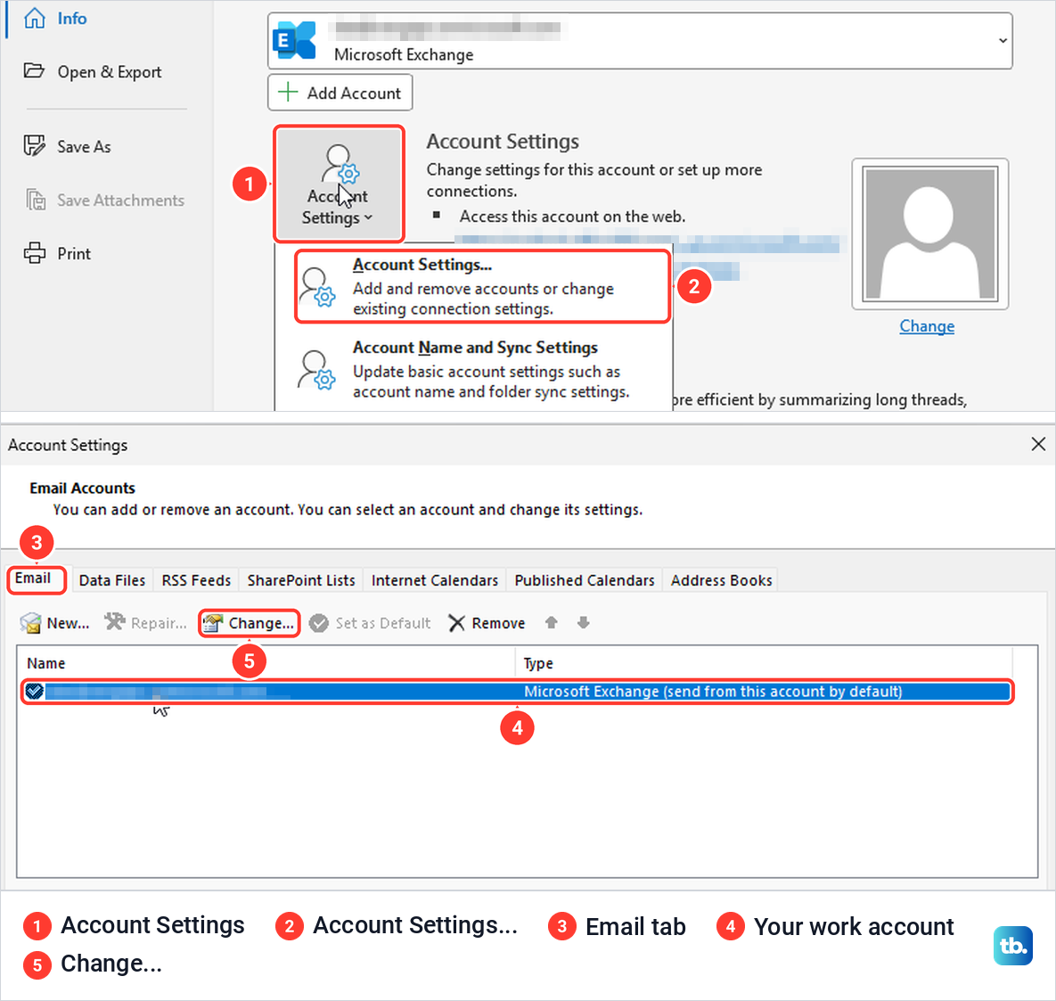 Classic Outlook File menu Account Settings button and the Account Settings Email tab with Change.