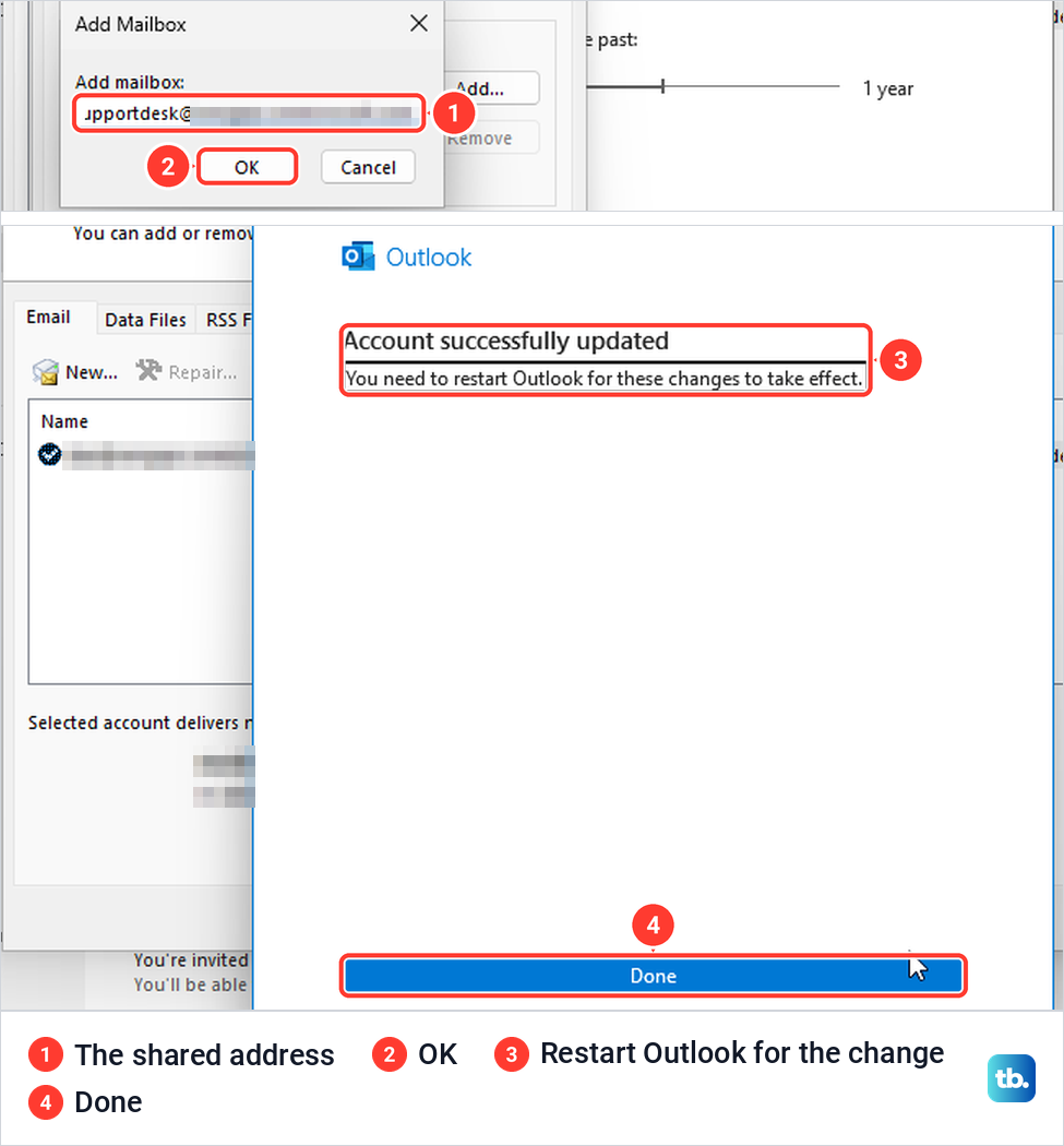 Classic Outlook Add Mailbox box with a shared address, then Account successfully updated with Done.