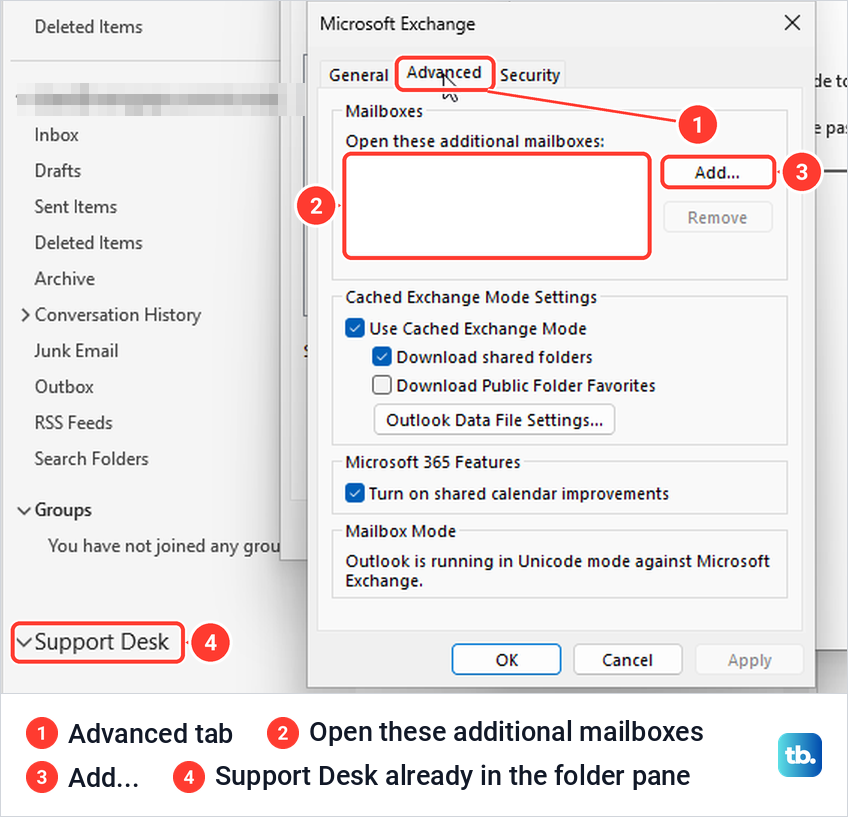 Classic Outlook Microsoft Exchange Advanced tab with an empty Open these additional mailboxes list.