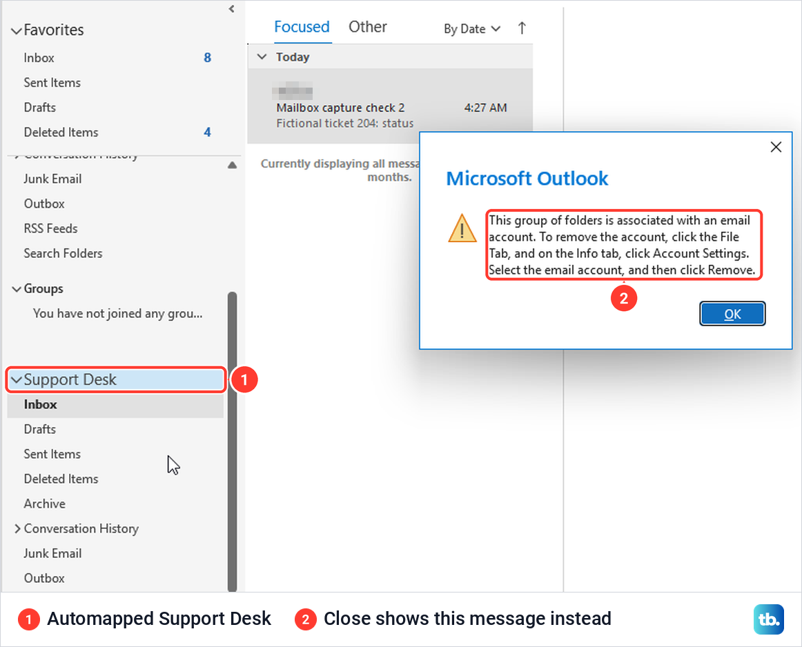 Classic Outlook message saying the group of folders is associated with an email account after Close.