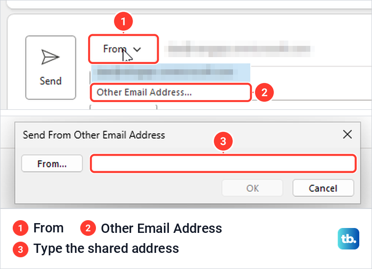 Classic Outlook From menu with Other Email Address and the Send From Other Email Address box.