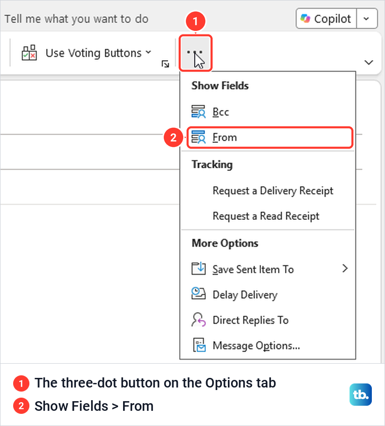 Classic Outlook new message Options tab three-dot menu with Show Fields and From.