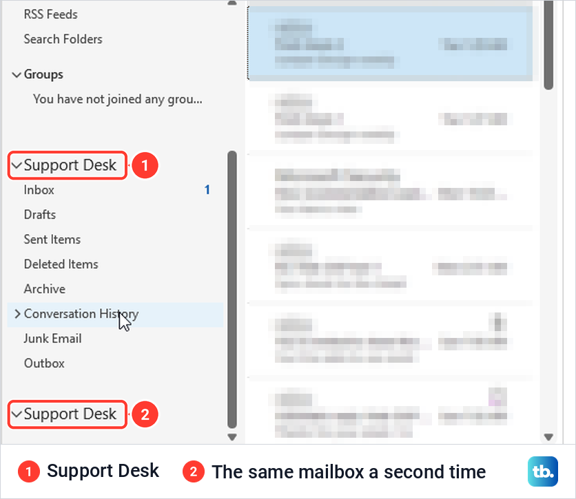 Classic Outlook folder pane listing the same Support Desk shared mailbox two times.