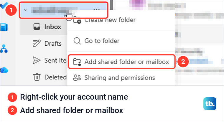 Outlook on the web menu after right-clicking the account name, with Add shared folder or mailbox.