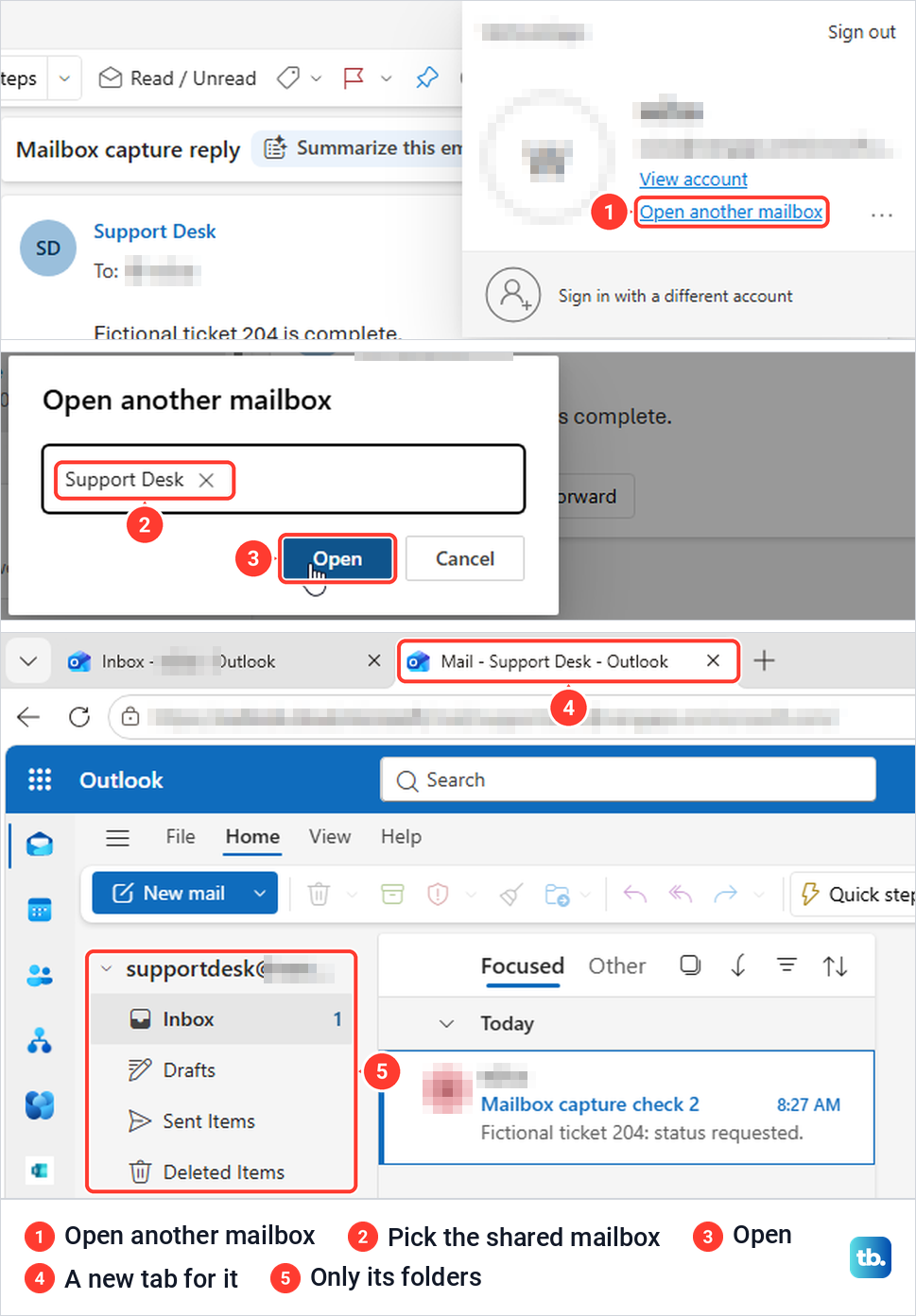 Outlook on the web Open another mailbox menu and dialog, then the shared mailbox in a new tab.