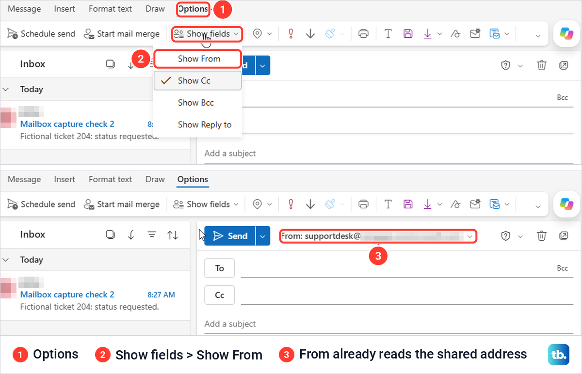 Outlook on the web new message with Options, Show fields, Show From and the From line showing the shared address.