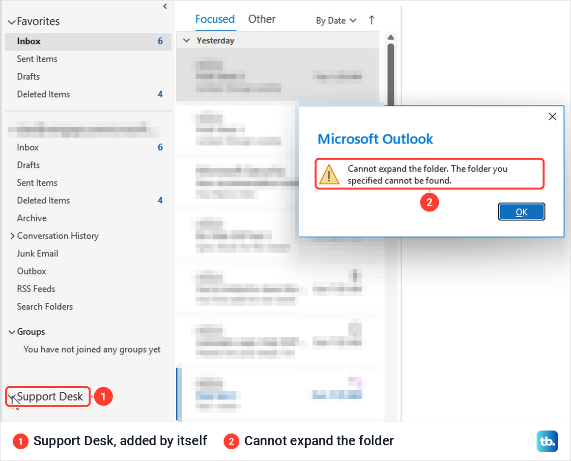 Classic Outlook folder pane with a Support Desk shared mailbox and a Cannot expand the folder error.