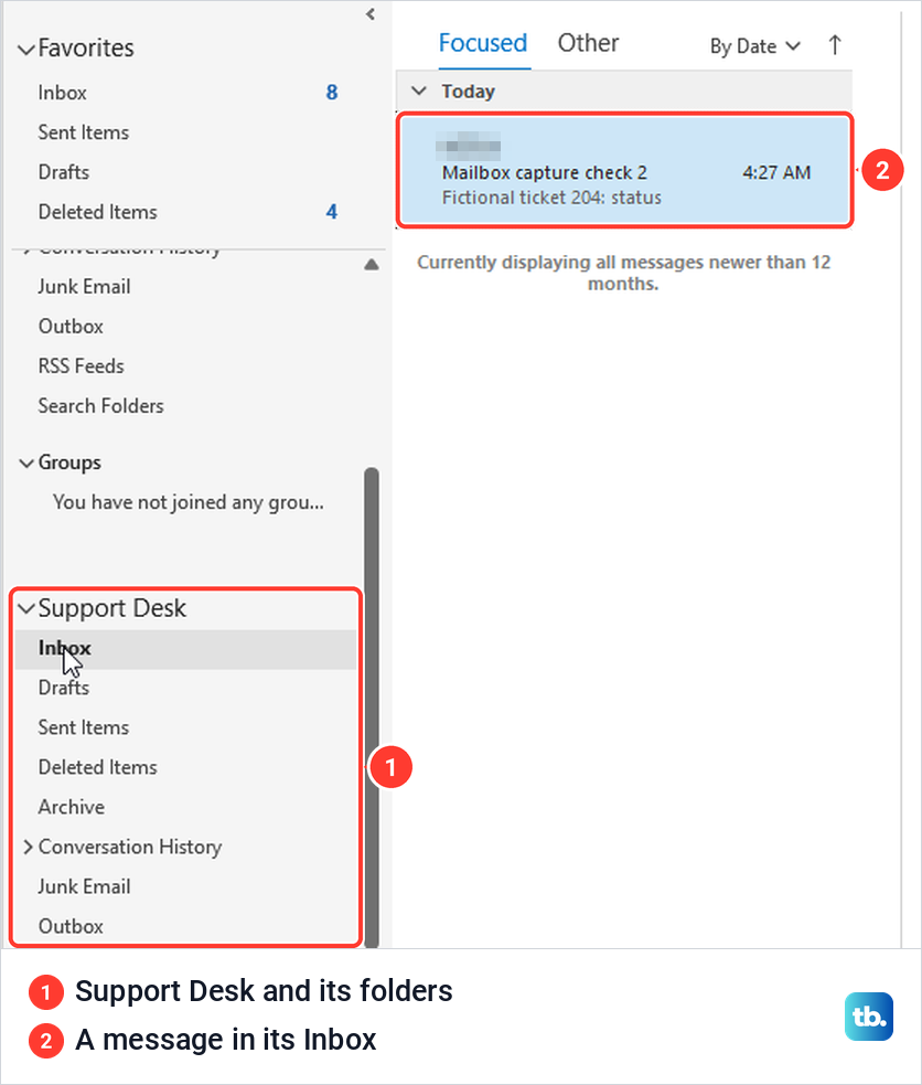 Classic Outlook showing the Support Desk shared mailbox expanded with its Inbox open after a restart.
