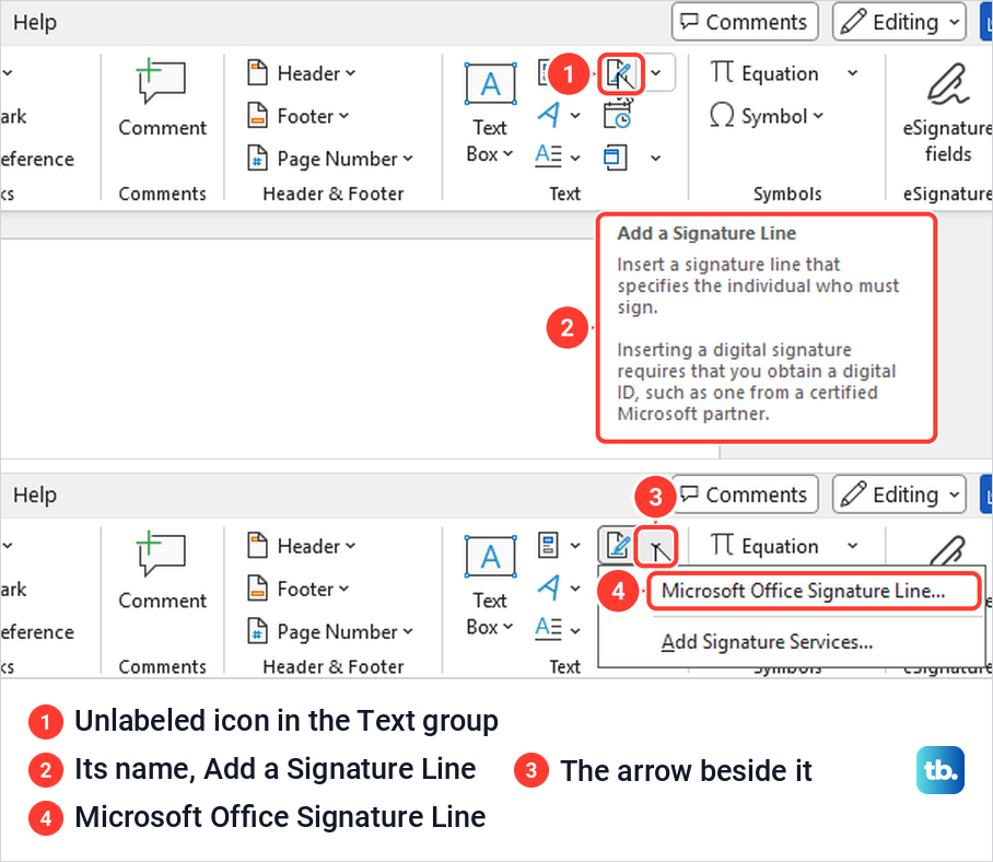 Word Insert tab Text group with the Add a Signature Line tooltip and its menu.