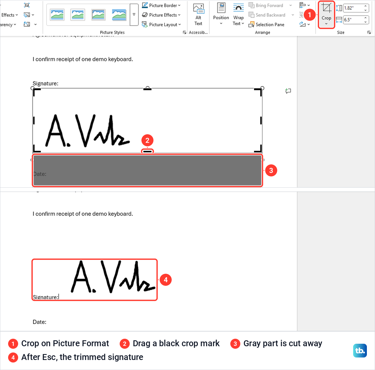 Word cropping a signature picture, then the trimmed signature beside the Signature label.