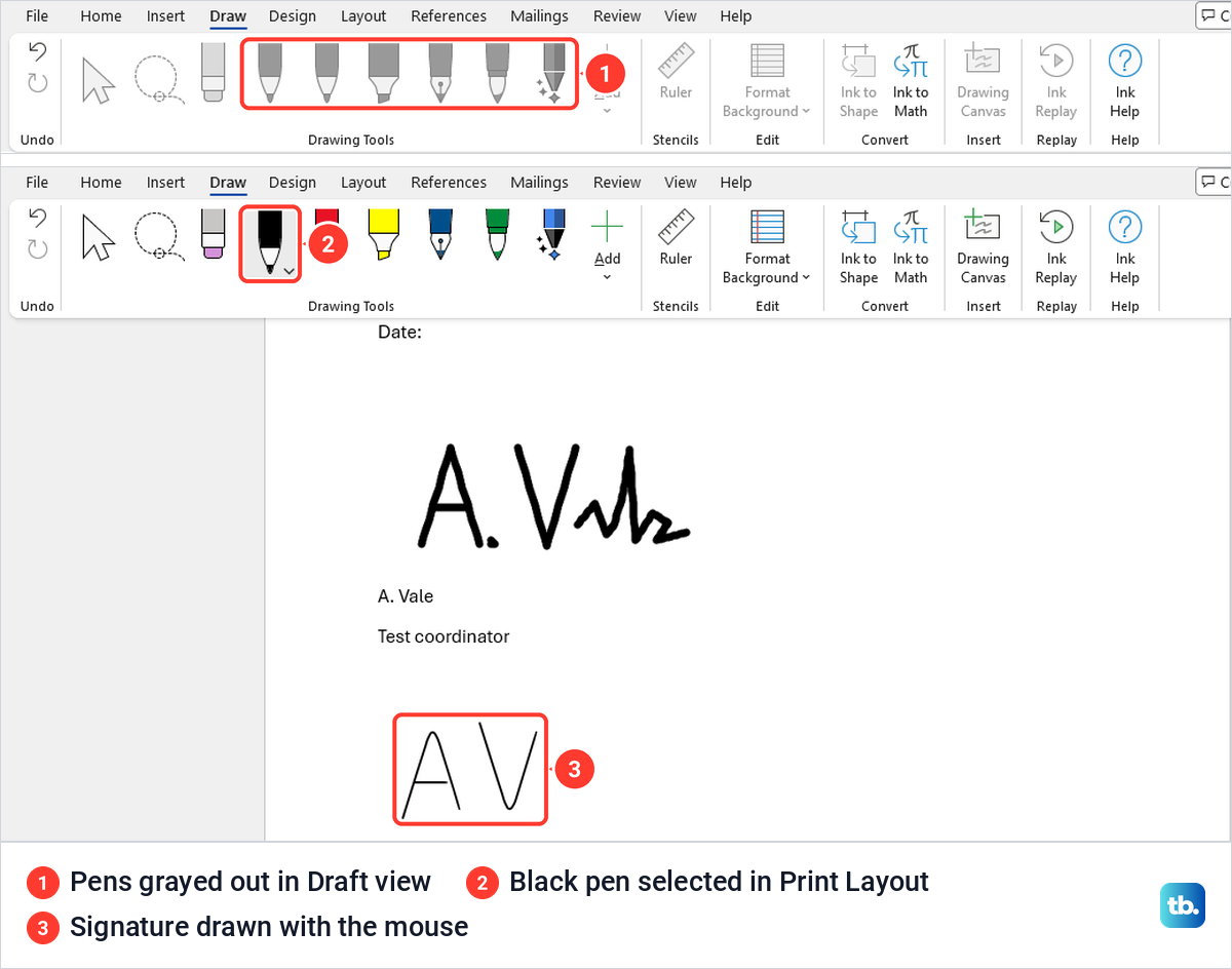Word Draw tab with gray pens in Draft view, then a black pen and mouse ink in Print Layout.