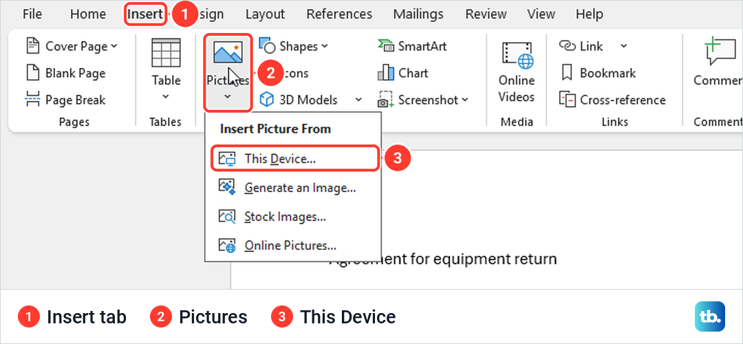 Word Insert tab with the Pictures menu open and This Device highlighted.