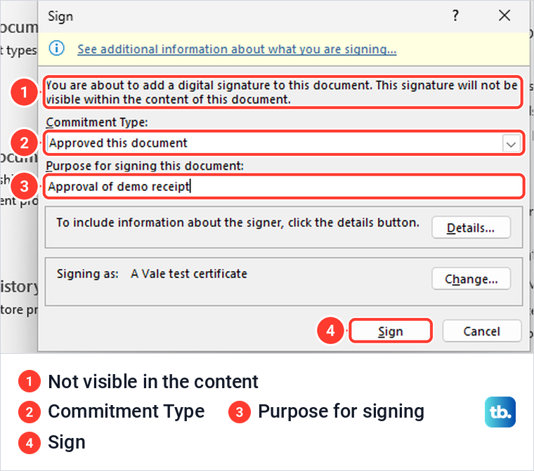 Word Sign dialog for an invisible digital signature with Commitment Type and purpose filled in.