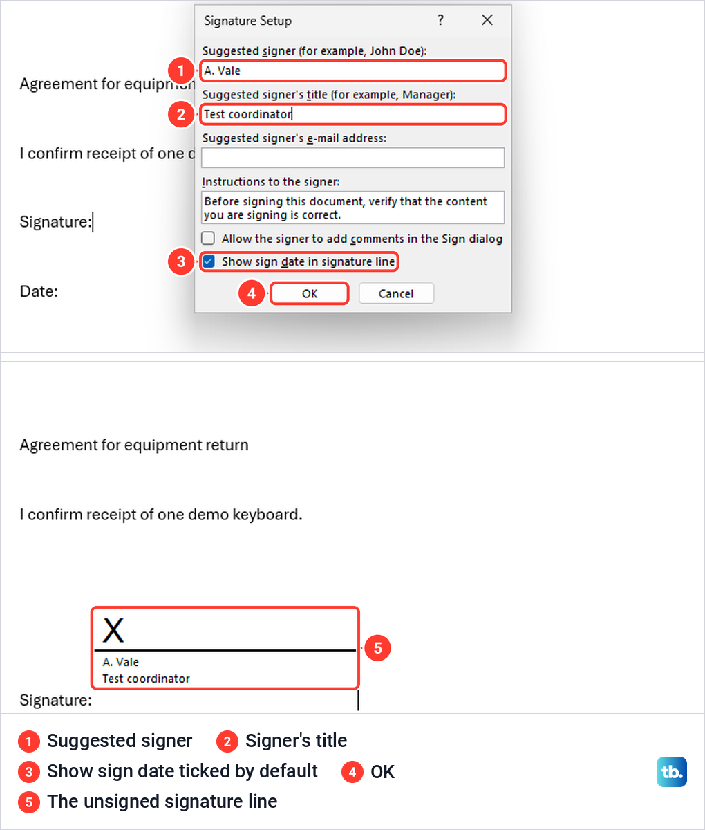 Word Signature Setup box filled in, then the unsigned X signature line in the document.