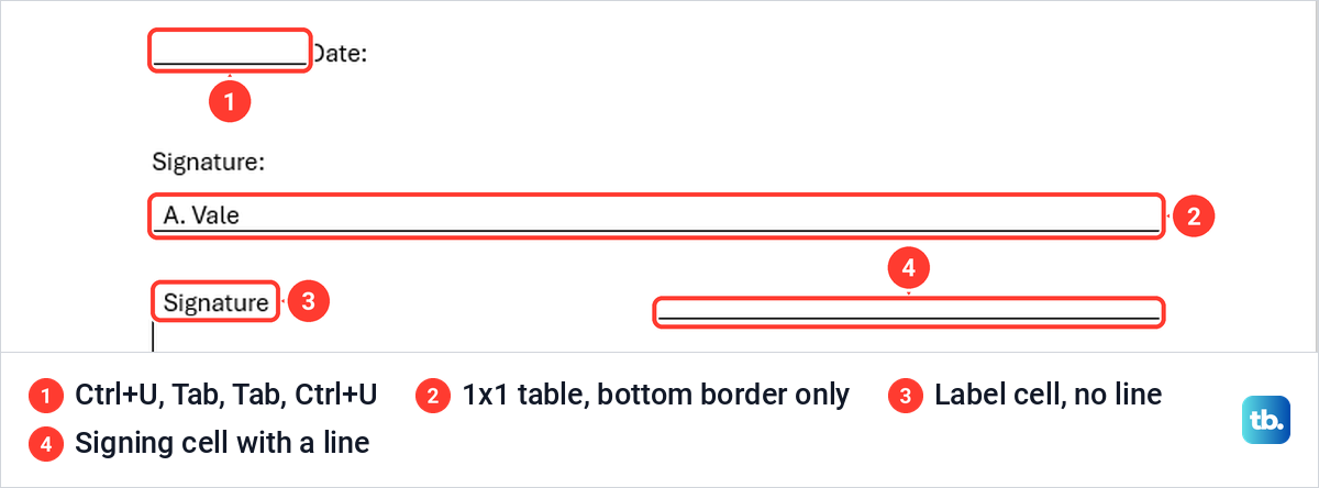 Three signing lines in Word made with underlined tabs and borderless tables.