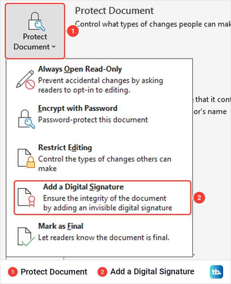 Word File Info Protect Document menu with Add a Digital Signature highlighted.