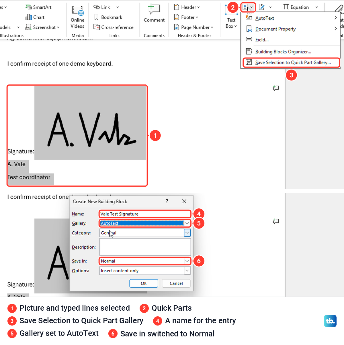 Word Quick Parts menu and the Create New Building Block box saving a signature as AutoText.