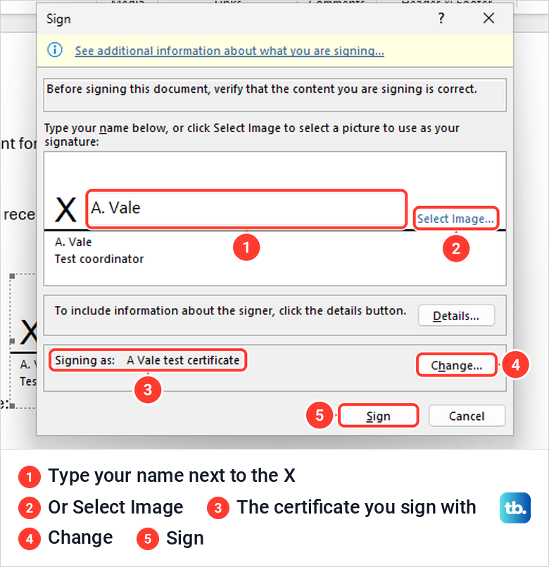 Word Sign dialog with a typed name, Select Image and the signing certificate.