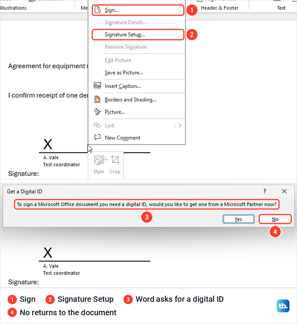 Word signature line right-click menu with Sign, then the Get a Digital ID prompt.