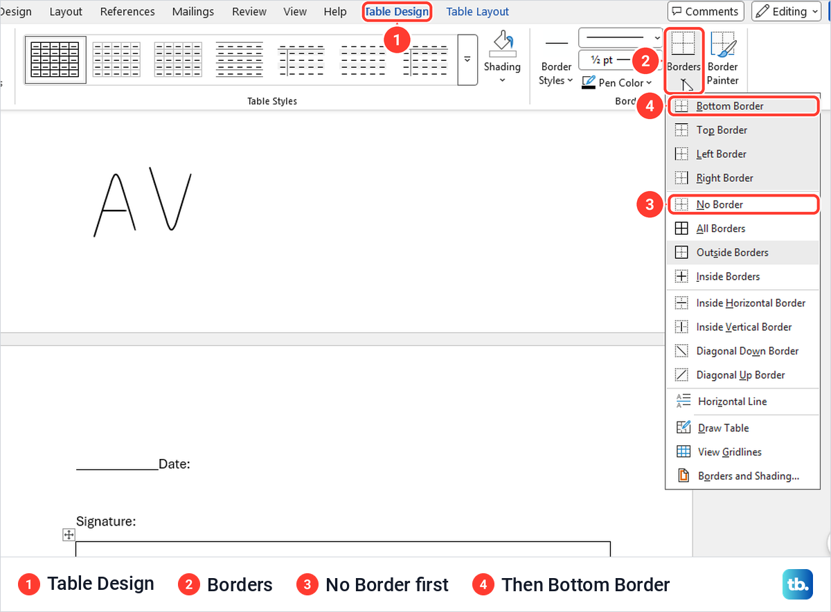 Word Table Design Borders menu showing No Border and Bottom Border for a one-cell table.