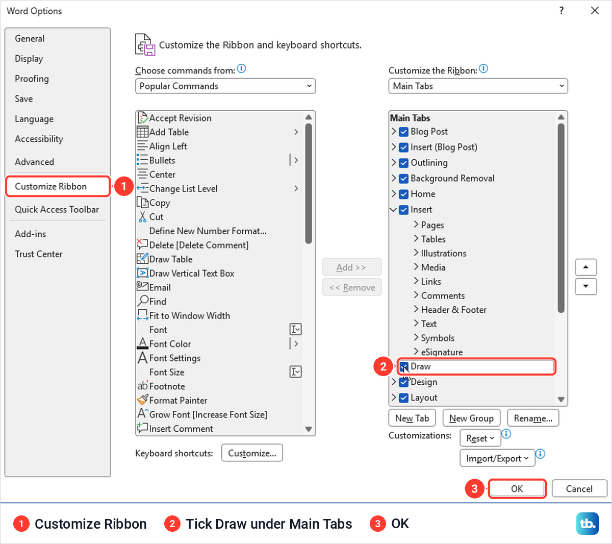 Word Options Customize Ribbon page with the Draw tab ticked under Main Tabs.
