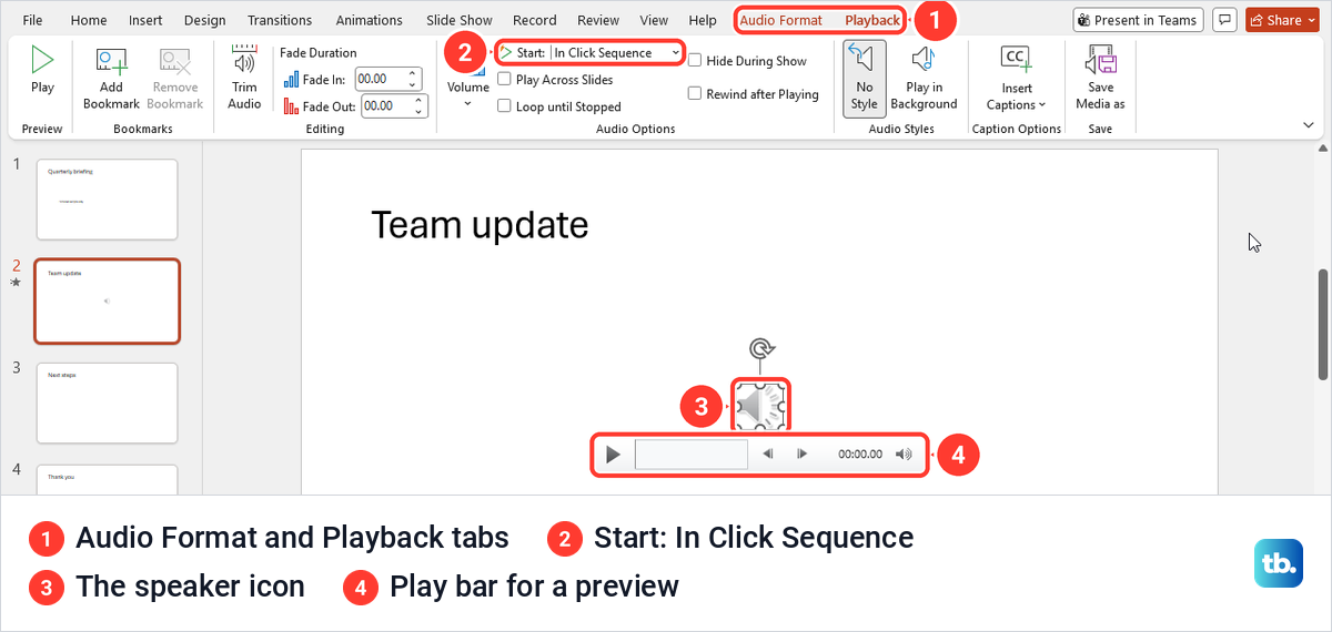 PowerPoint slide with an inserted speaker icon, its play bar and the Playback tab open.
