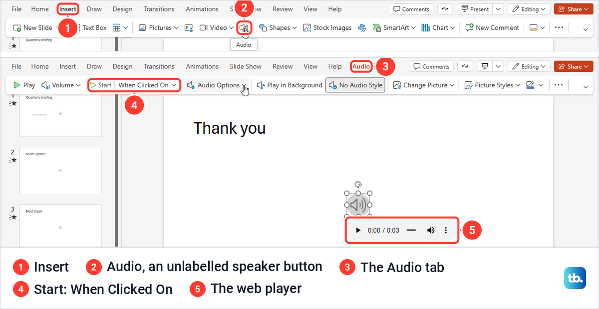 PowerPoint for the web Insert tab with the Audio tooltip, then an inserted clip and the Audio tab.