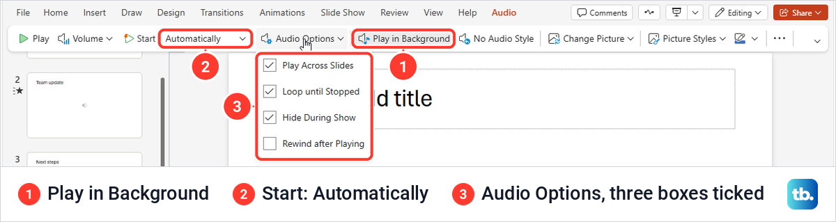 PowerPoint for the web Audio tab with Play in Background selected and Audio Options open.