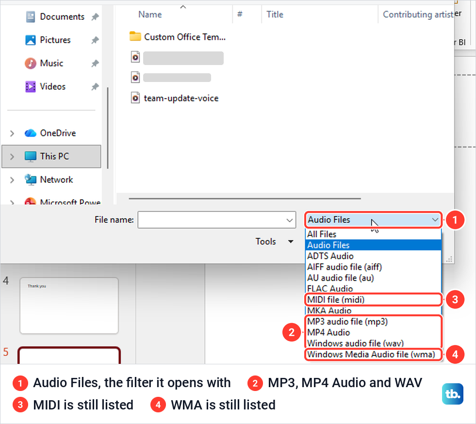 PowerPoint Insert Audio file type list including MP3, WAV, MIDI and Windows Media Audio.