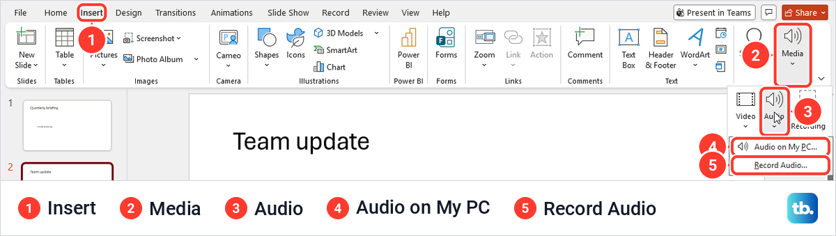 PowerPoint Insert tab with the Media button open and the Audio menu showing Audio on My PC.