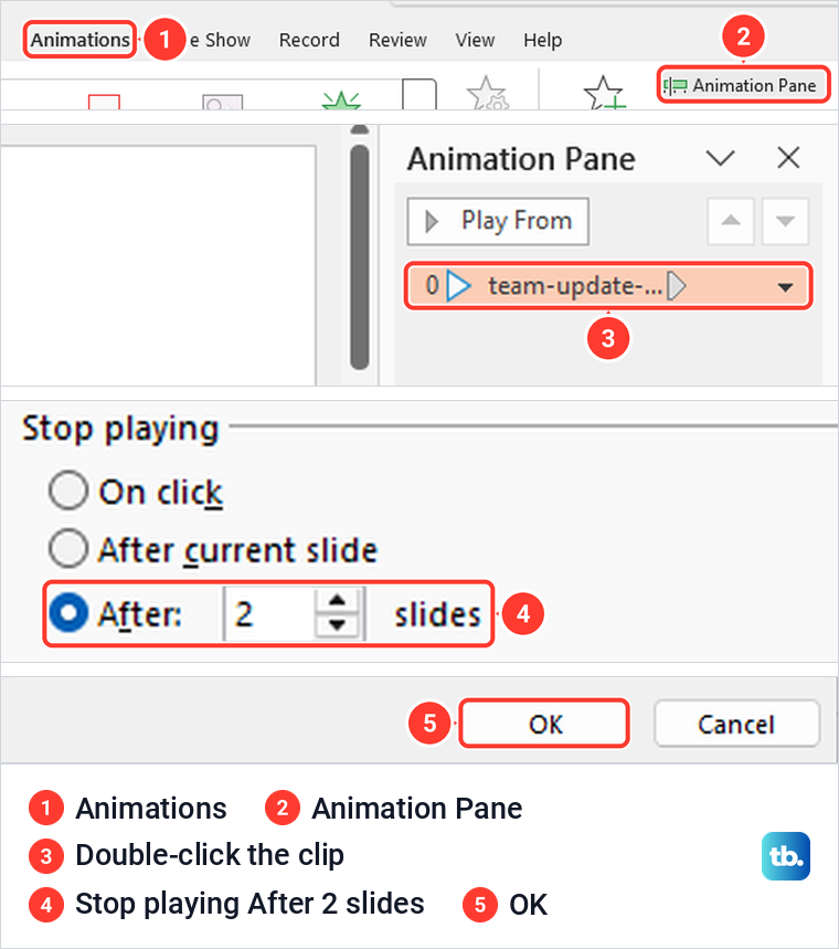 PowerPoint Animation Pane and Play Audio box with Stop playing set to After 2 slides.