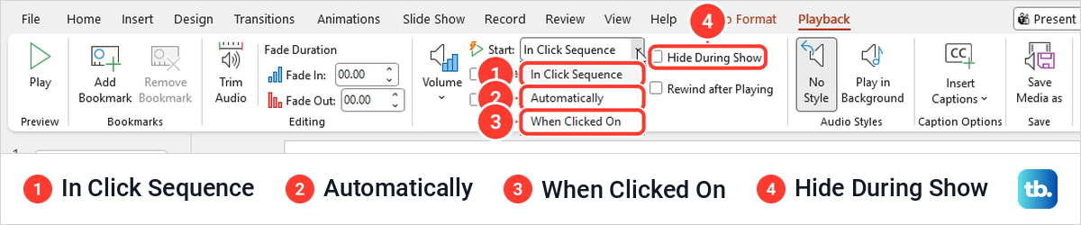 PowerPoint Playback tab with the Start list open showing three ways to start audio.