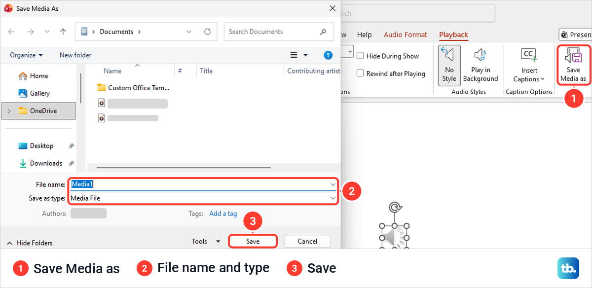 PowerPoint Save Media As dialog with the file name Media1 and the Save Media as button.