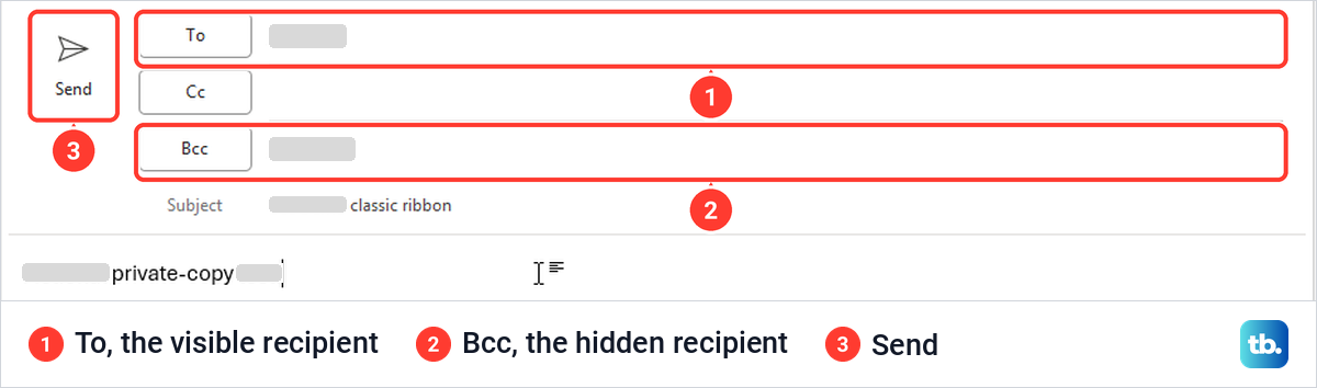 Classic Outlook draft with a name on the To line, another on the Bcc line, and the Send button.