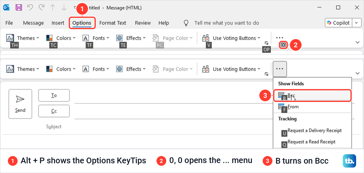 Classic Outlook Options tab KeyTips, with 00 on the more commands button and B beside Bcc.