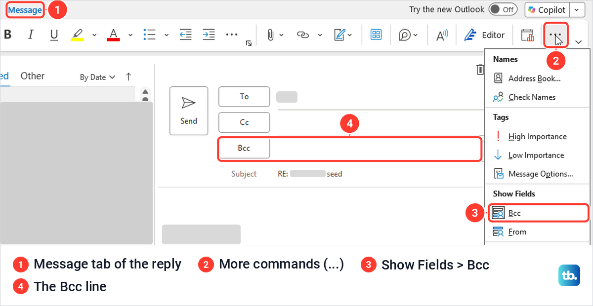 Classic Outlook inline reply with the Message tab menu open at Show Fields and Bcc.