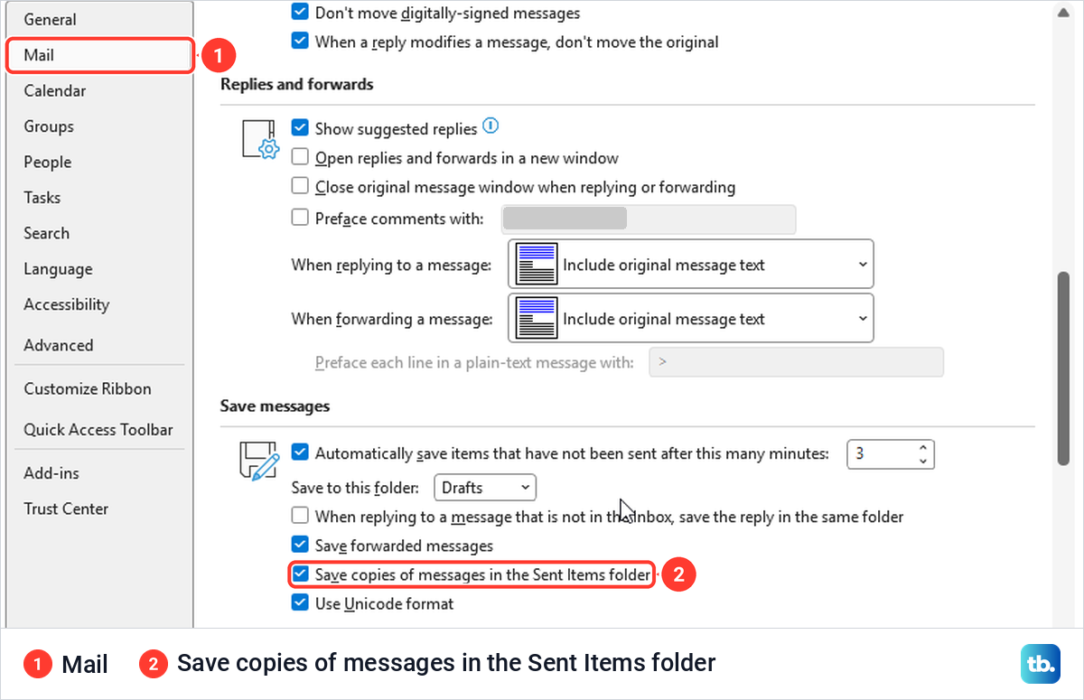Classic Outlook Options on the Mail page with Save copies of messages in the Sent Items folder ticked.