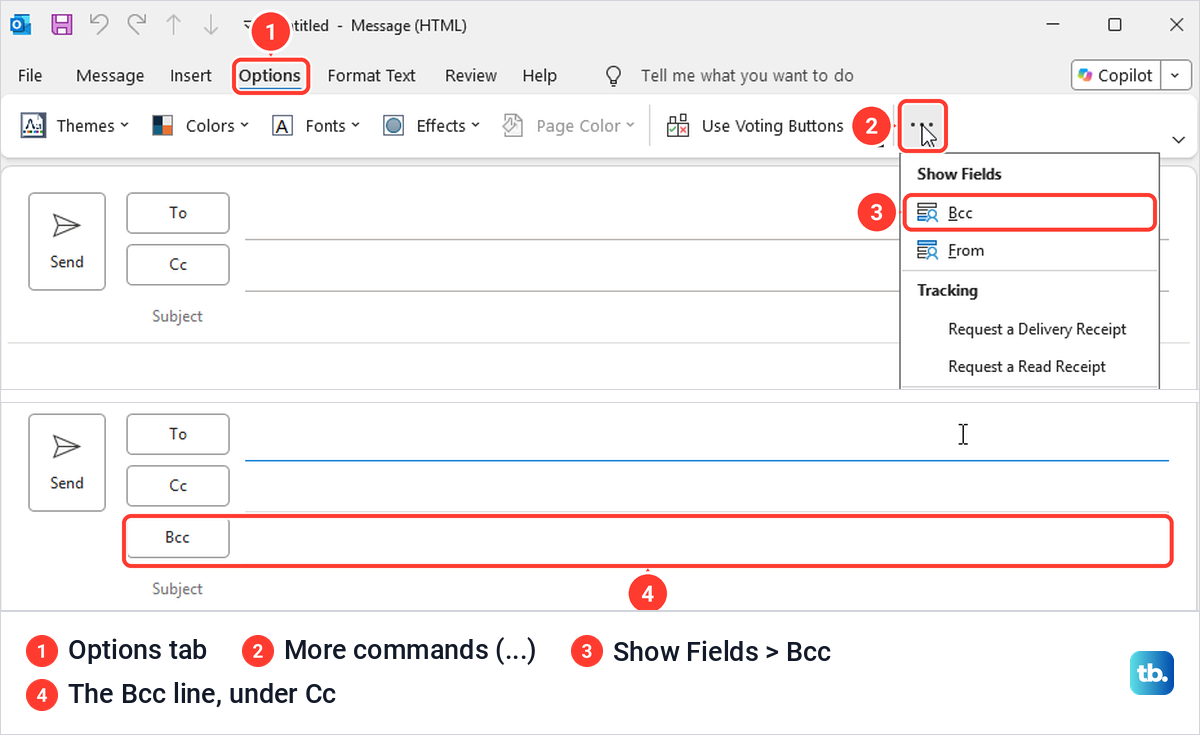 Classic Outlook message window with the Options tab open and the Show Fields menu offering Bcc.