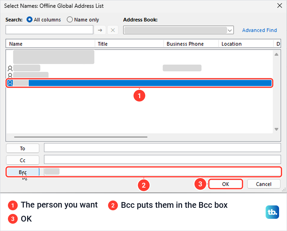 Classic Outlook Select Names box with a person selected and their name in the Bcc box above OK.