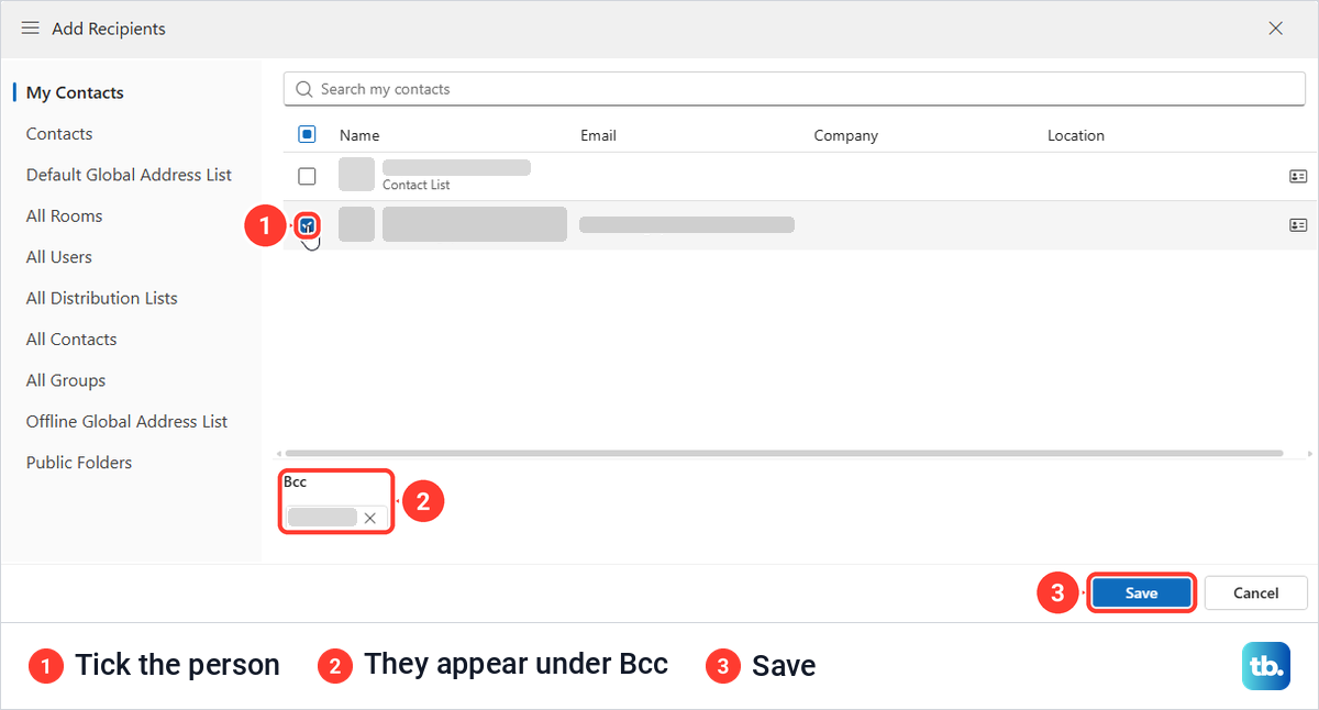 Outlook on the web Add Recipients picker with a contact ticked and listed under Bcc above Save.
