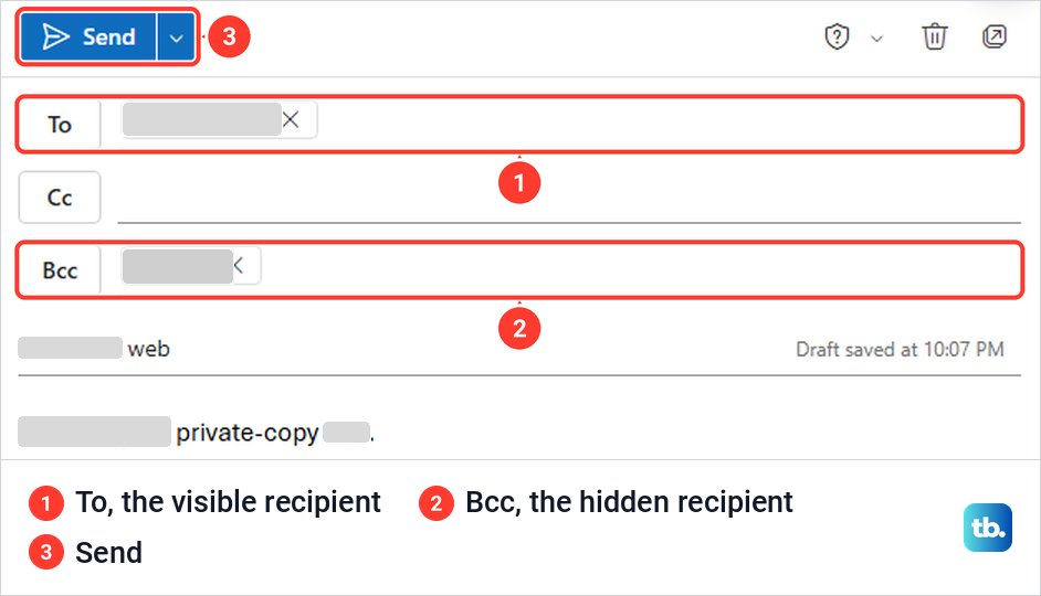 Outlook on the web draft with one recipient on To, another on Bcc, and the Send button.